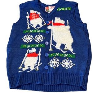 VINTAGE UGLY SWEATER VEST CHRISTMAS SKI POLAR BEAR S SMALL BLUE VEST